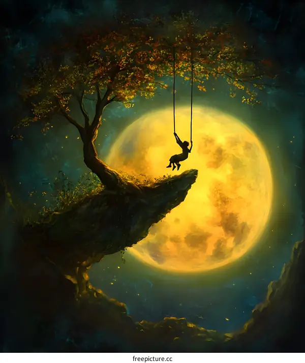 Fantasy Artwork of a Girl Swinging on a Tree Branch Over a Large Yellow Moon