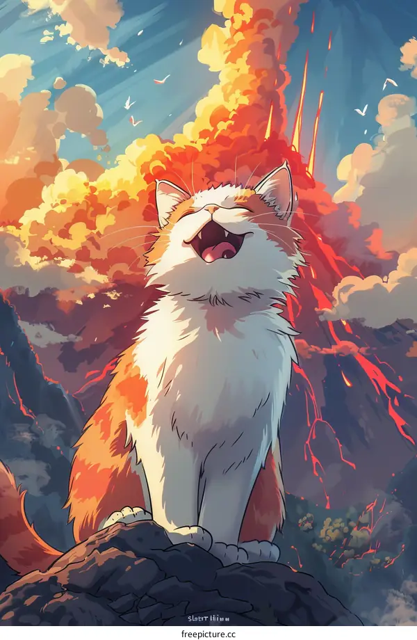 A cat watches a volcanic eruption