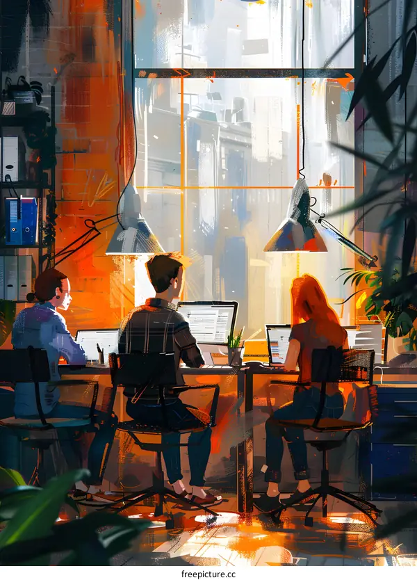 Three people working in an office
