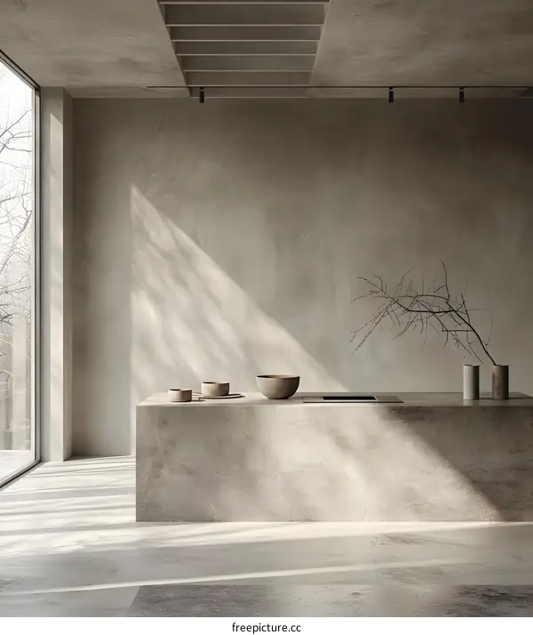 Minimalist Kitchen Design With Concrete Countertop And Natural Light