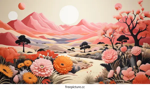 Pink Flower Mountain Landscape Illustration