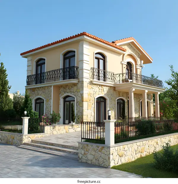 Luxury Modern Villa with Stone Walls and Balcony