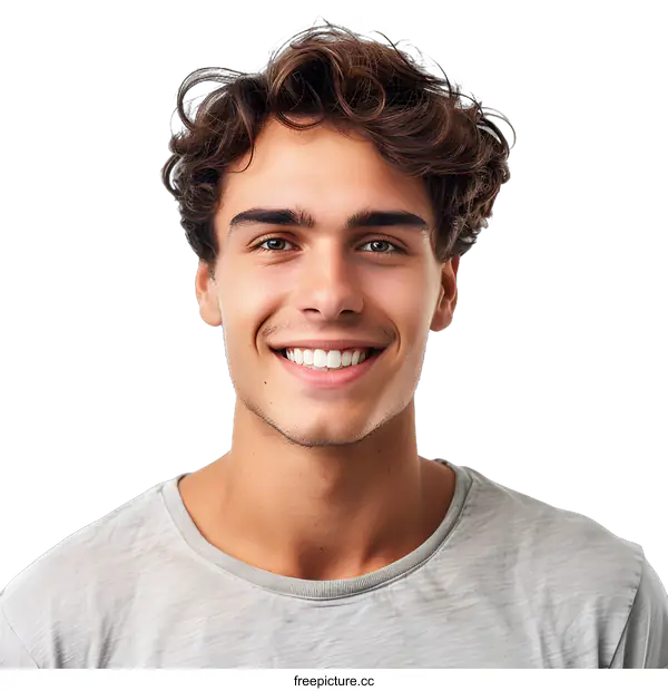[Transparent Background PNG]Portrait of a Smiling Young Man with Wavy Brown Hair