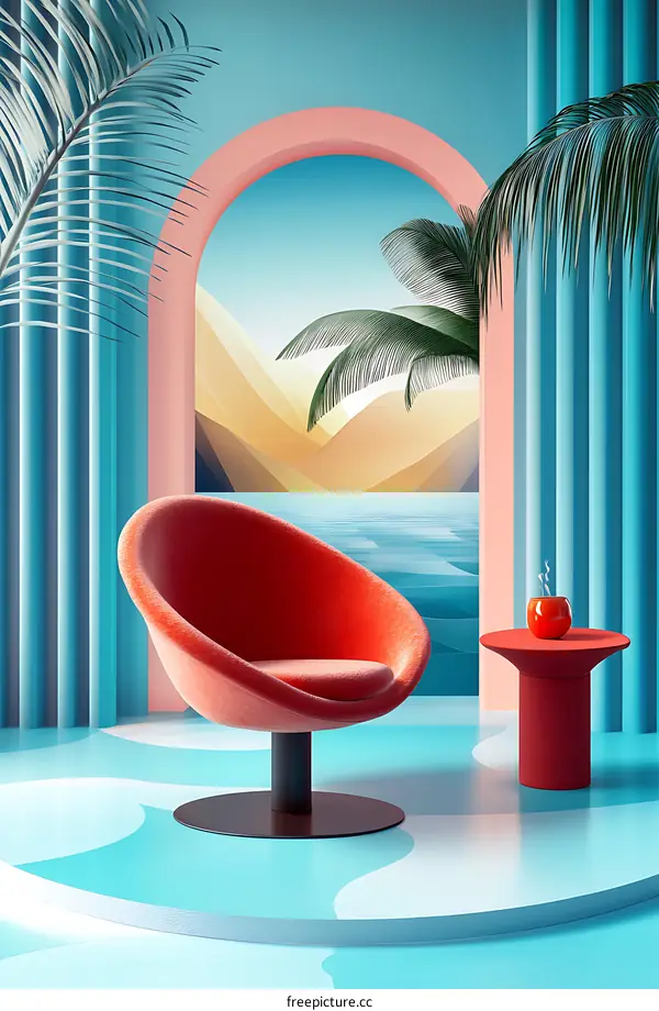 Modern Minimalist Interior Design with Arch and Palm Trees