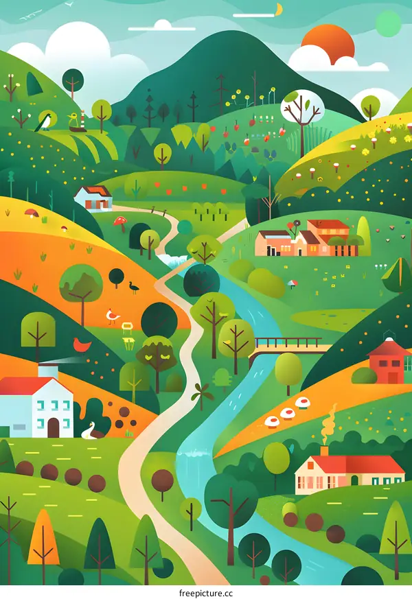 Cartoon Illustration of a Serene Countryside Landscape with Winding Road and River