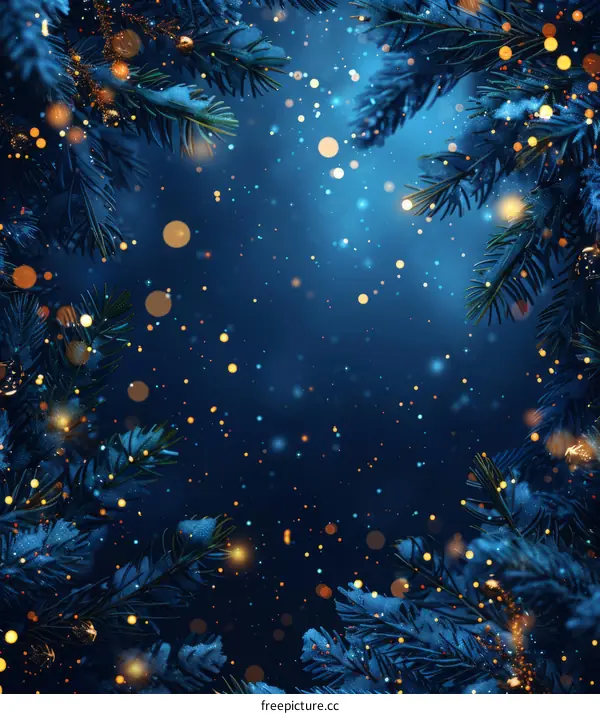 Blue Christmas Tree against Snowy Winter Background