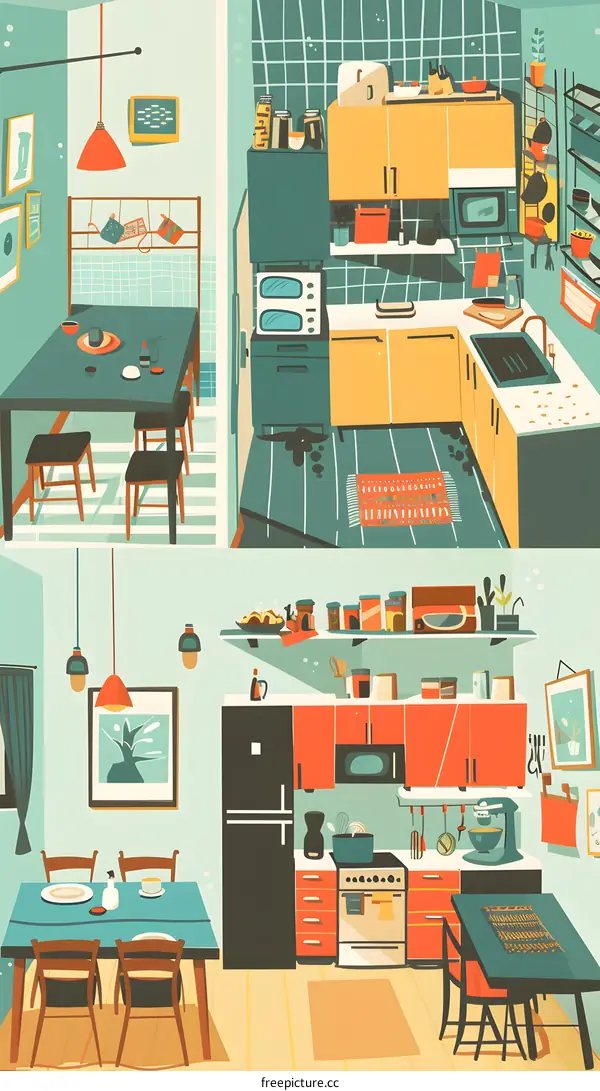 Modern Kitchen Interior Design Illustration With Colorful Cabinets And Appliances