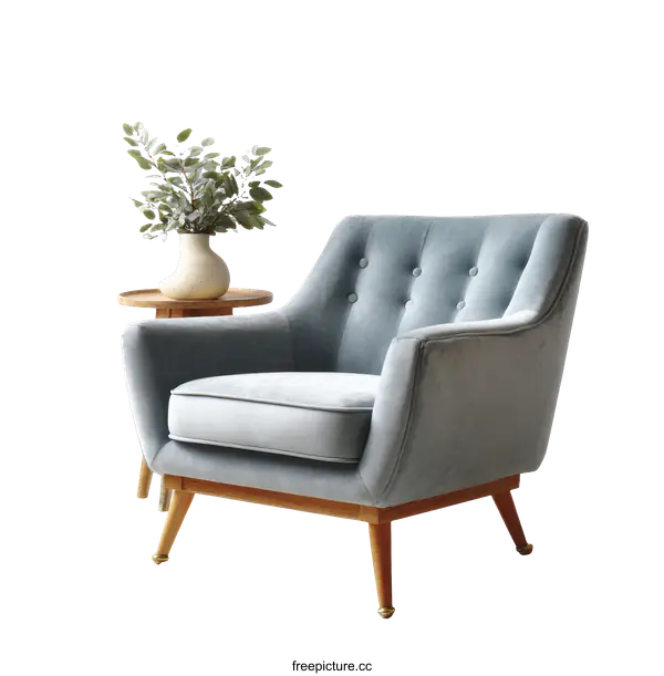 [Transparent Background PNG]Light Gray Velvet Armchair with Wooden Legs