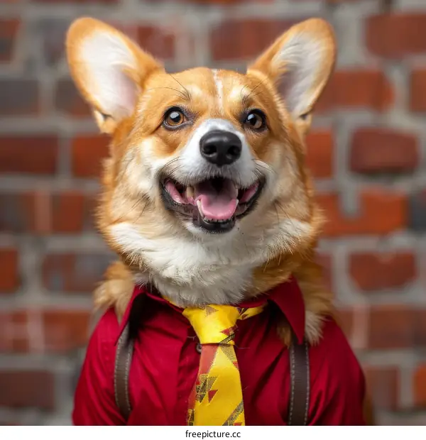 A cute corgi dog wearing a red shirt and tie