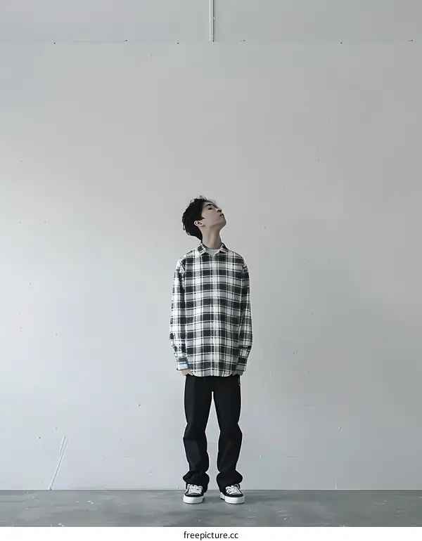 Man Wearing Plaid Shirt and Black Pants Against White Wall