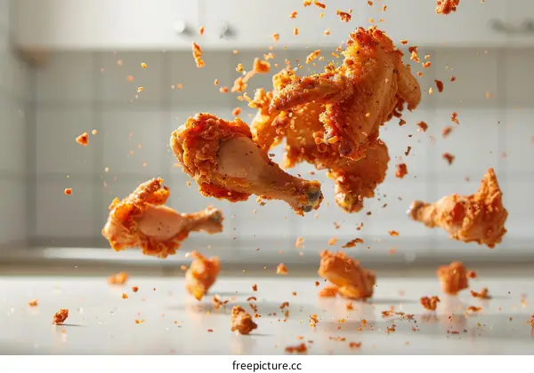 Crispy Fried Chicken Pieces Falling in Motion