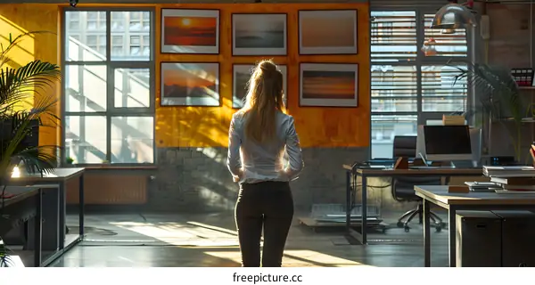 businesswoman looking at framed photos on office wall