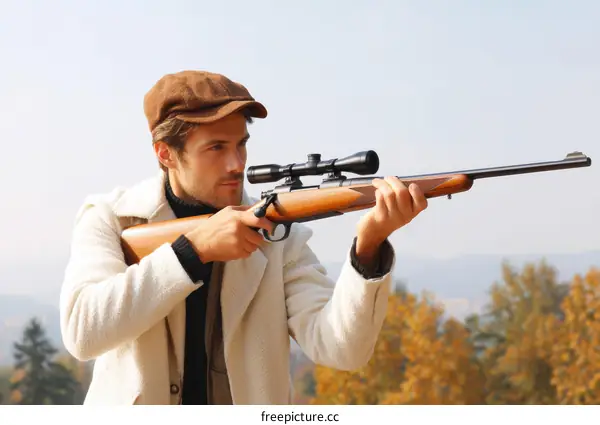 Man in Beige Coat Aims Hunting Rifle Outdoors