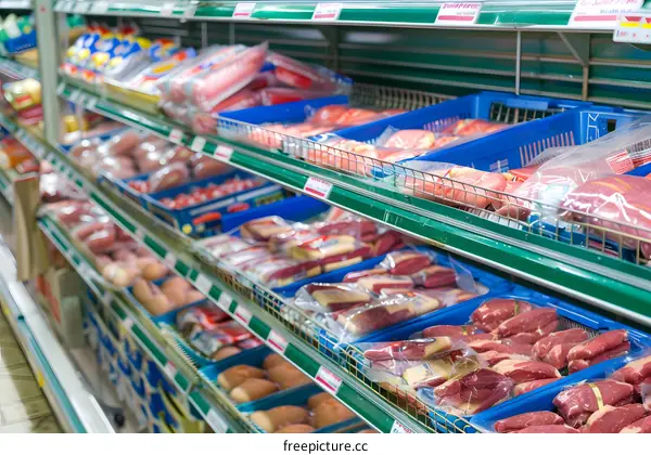 Fresh Meat Products On Shelves In Supermarket