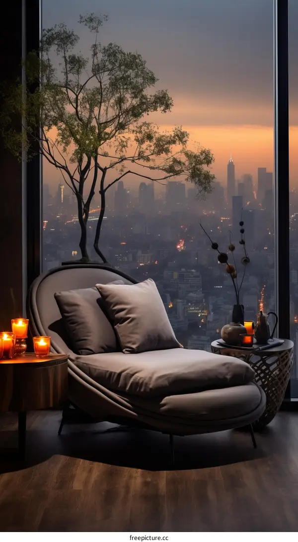 Modern Living Room with Sunset City View