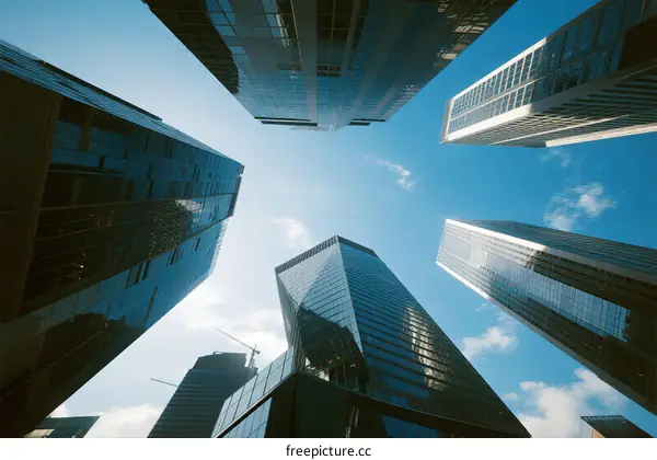 Looking up at modern skyscrapers under a clear blue sky