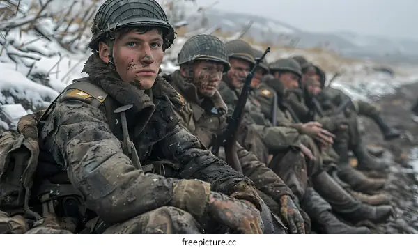 A group of soldiers in a snowy forest during the Korean War.