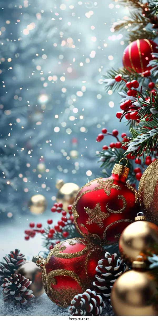 Christmas Ornaments with Red and Gold Balls and Pine Twigs