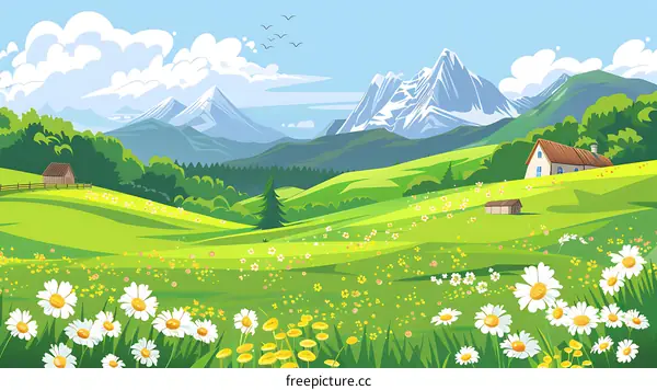 Mountain Meadow Landscape Illustration With Daisies