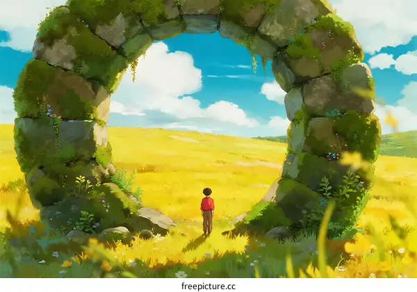 A Boy Standing Before an Ancient Stone Archway in a Golden Field