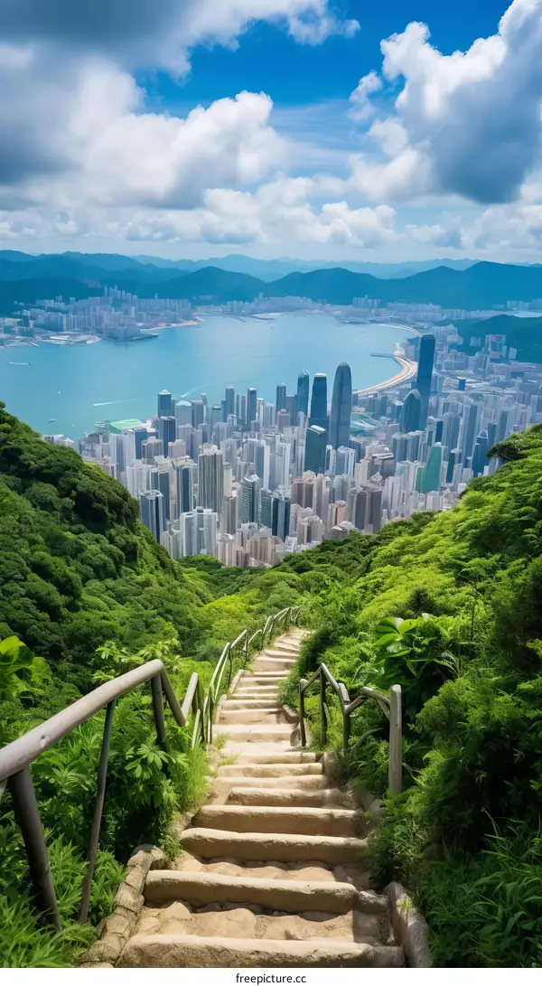 A steep hiking trail overlooking a lush green mountain and a city skyline