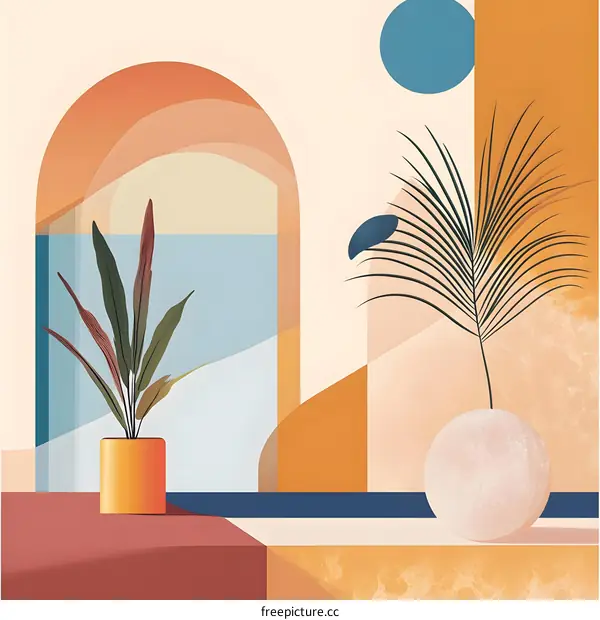 Abstract Minimalist Art Print with Geometric Shapes and Plants