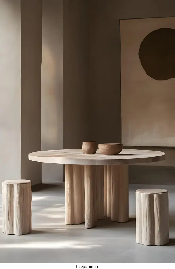 Modern Minimalist Interior Design with Wooden Table and Stools