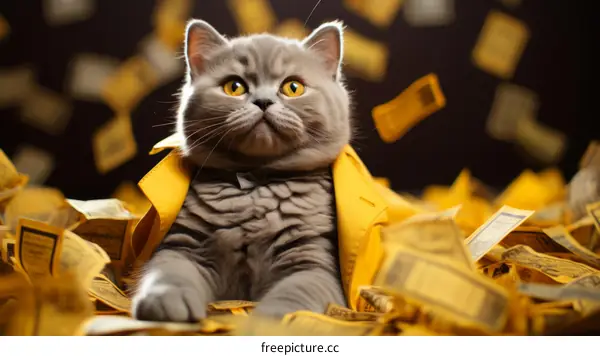 British Shorthair Cat Sitting on a Pile of Money
