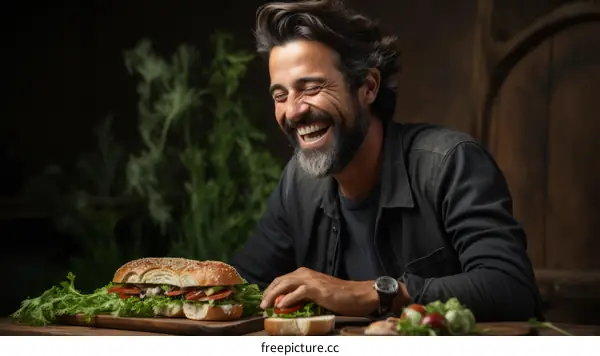 Bearded man laughing while making a sandwich