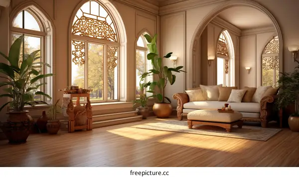 Luxury Living Room with Arch Windows and Greenery