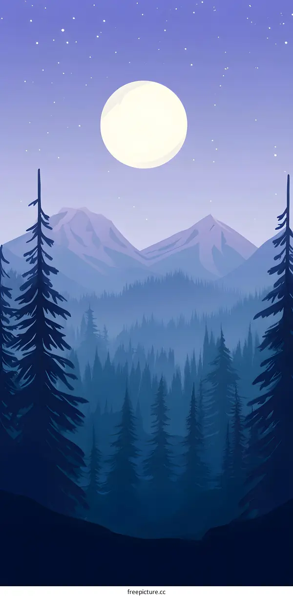 Night Sky Mountains Forest Landscape Illustration