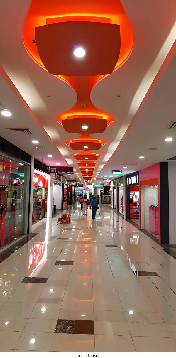 Modern Interior Design with Orange Ceiling Lights in a Shopping Mall