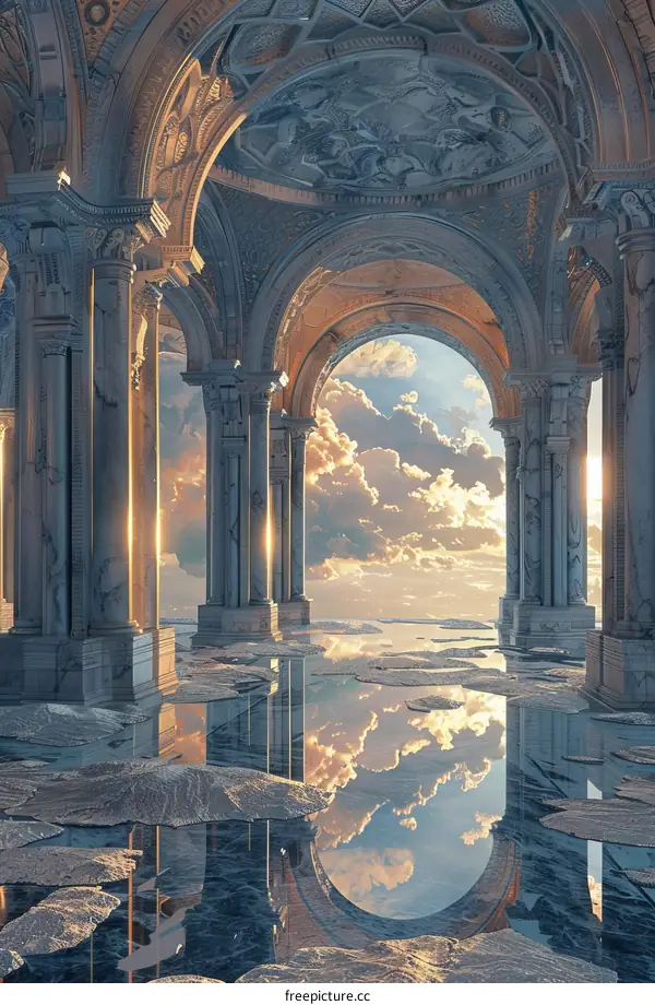 Surreal Architecture with Reflective Floor and Ornate Columns