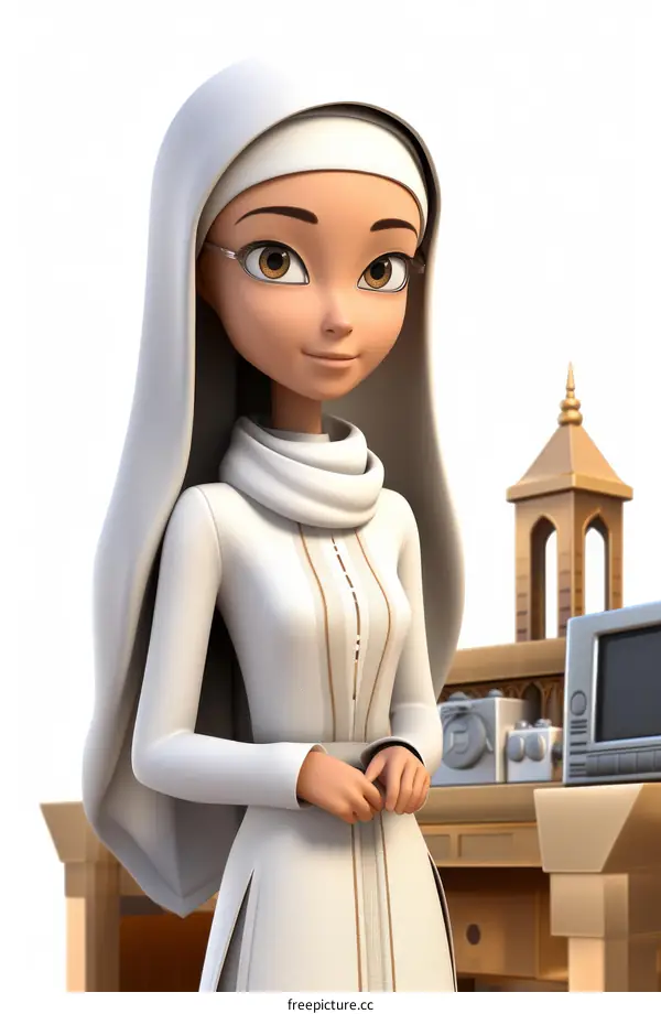 A 3D rendering of a young woman wearing a hijab