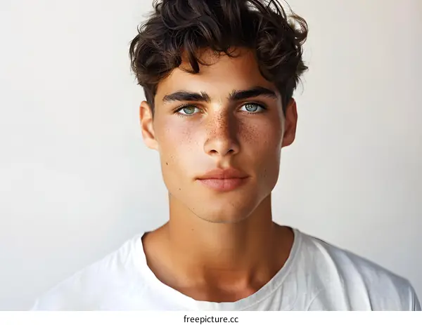 portrait of a young man with freckles and green eyes