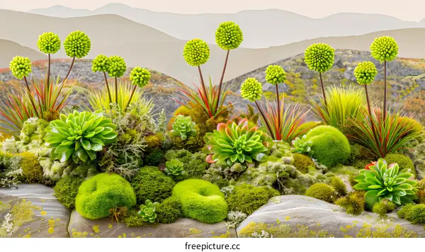 Green Succulents on a Rocky Mountain Landscape