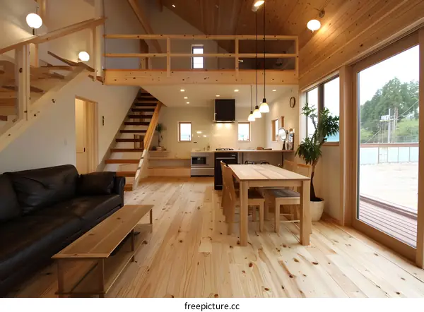 Modern Open Plan House Interior Design With Wood Flooring And Staircase