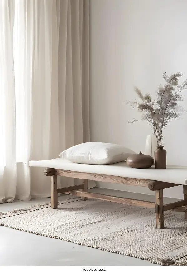 Minimalist Interior Design With Wooden Bench And Rug