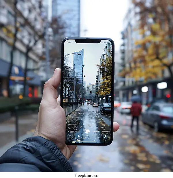 Smartphone Camera Capturing a City Street on a Rainy Day