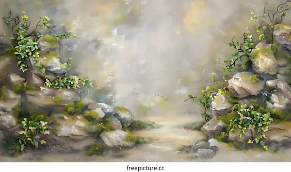 Fantasy Nature Background With Stones And Vines