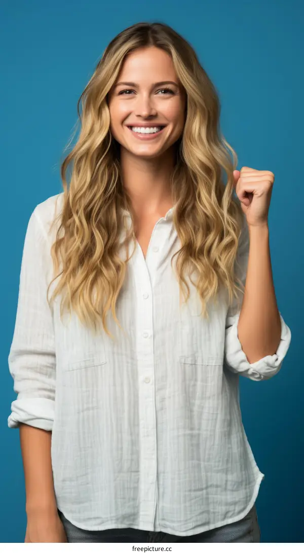 Portrait of a young blonde woman with blue eyes and a bright smile wearing a white shirt