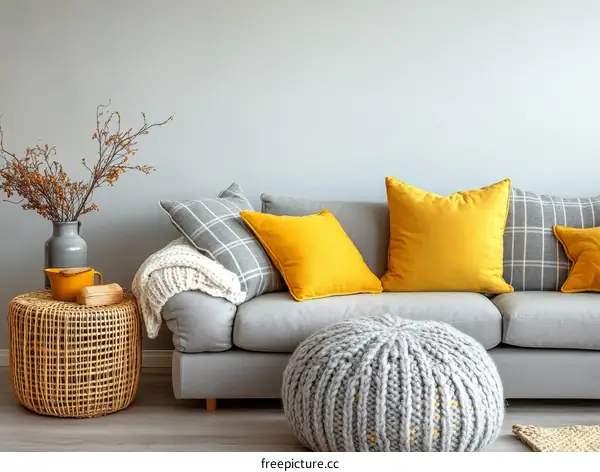 Modern Cozy Living Room with Gray Sofa and Yellow Pillows