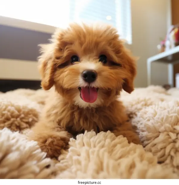 A cute puppy with brown fur lying on a fluffy white blanket