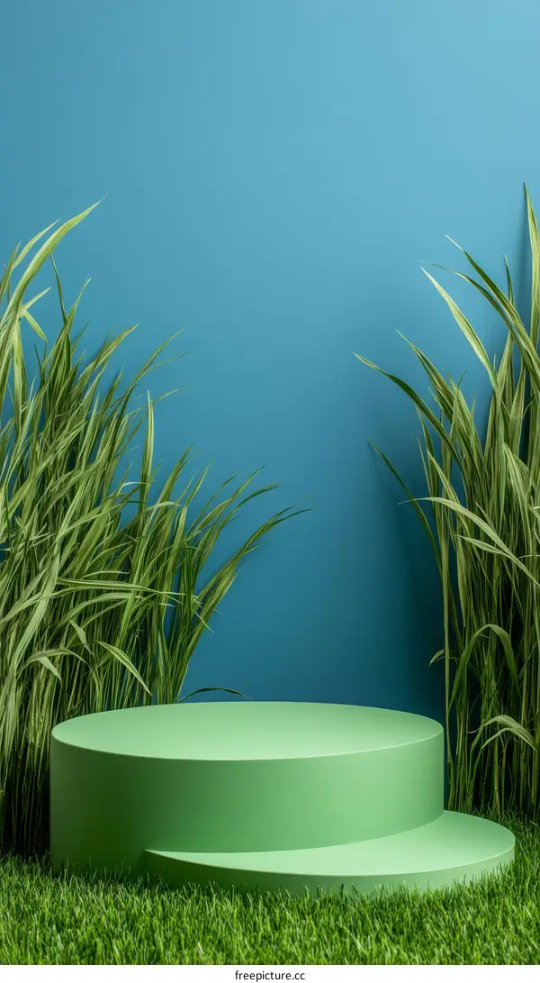 Green Podium Display Against Blue Background with Grass