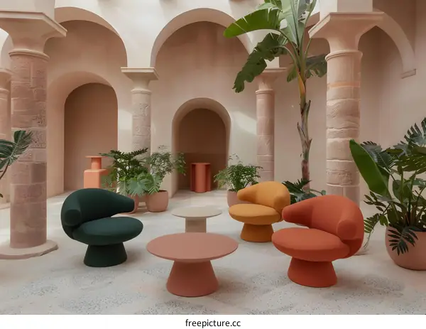 Modern Interior Design with Arched Walls, Plants and Colorful Chairs