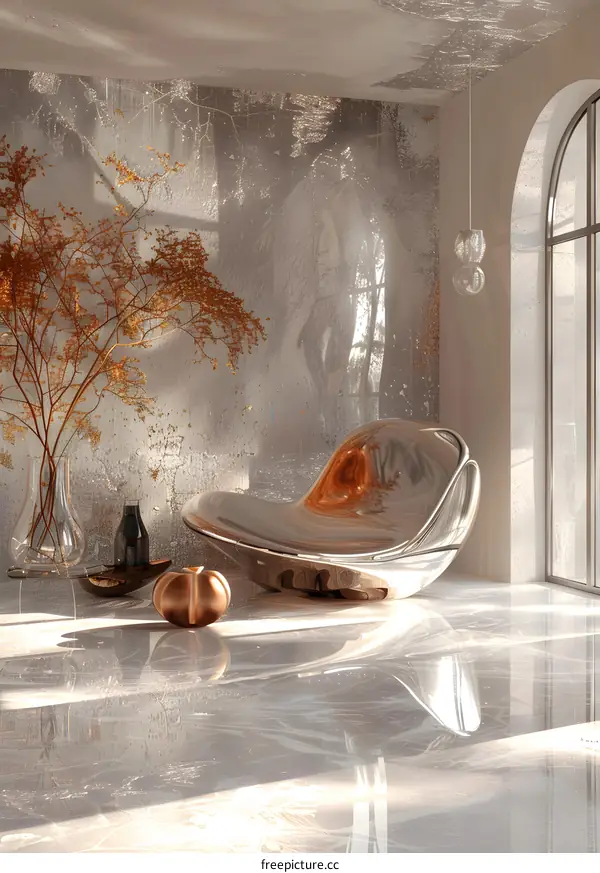 Modern Metal Textured Chair in a Room with Marble Floor and Stone Walls