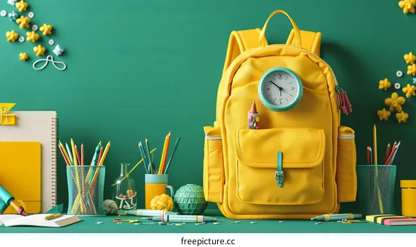 A backpack with school supplies against a green background