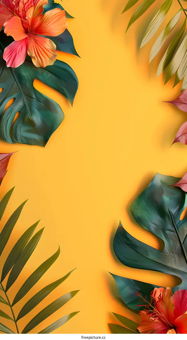 Tropical Leaves and Flowers on Yellow Background