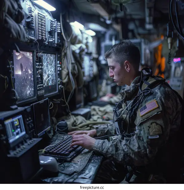 A soldier works on a computer in a dark room