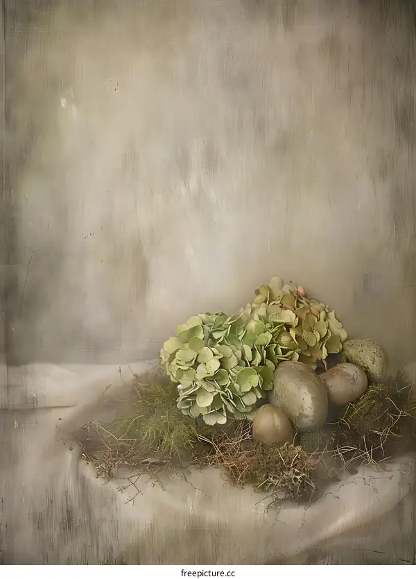 Hydrangea Flowers and Stone Eggs in a Nest on a Fabric Background